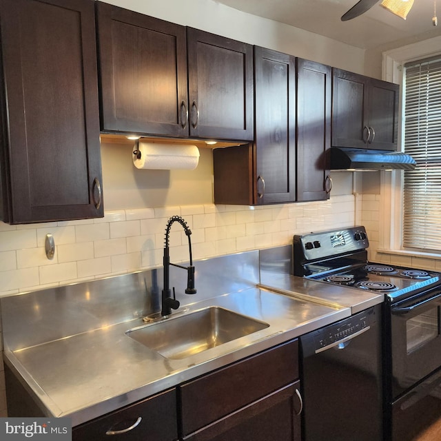 175 Stoneway Ln, Bala Cynwyd, PA 19004 - kitchen featuring stainless steel counters, black appliances, under cabinet range hood, decorative backsplash, and dark brown cabinetry