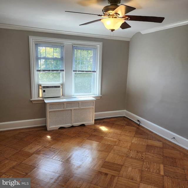 175 Stoneway Ln, Bala Cynwyd, PA 19004 - empty room with radiator heating unit, ceiling fan, crown molding, and cooling unit