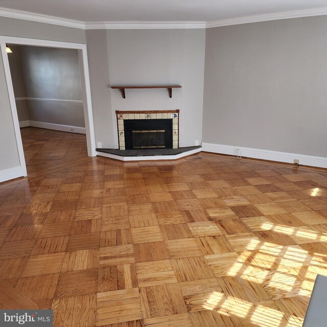 175 Stoneway Ln, Bala Cynwyd, PA 19004 - unfurnished living room featuring a fireplace and ornamental molding