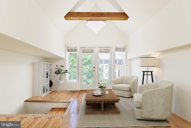 1513 Swann St NW, Washington, DC 20009 - living area featuring hardwood / wood-style flooring, high vaulted ceiling, beamed ceiling, and french doors