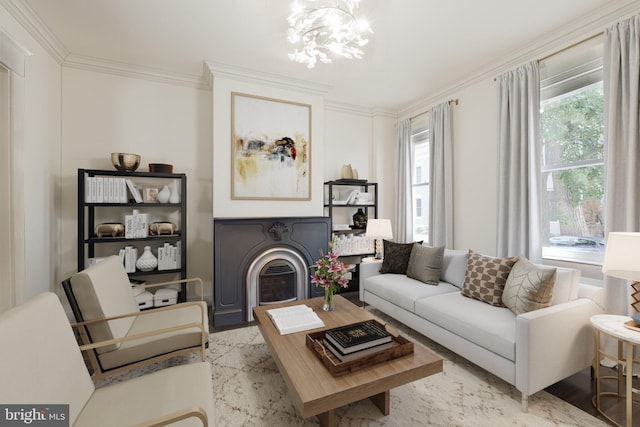 1513 Swann St NW, Washington, DC 20009 - living area featuring a chandelier, crown molding, and a fireplace