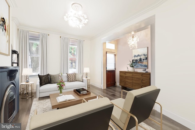 1513 Swann St NW, Washington, DC 20009 - living area featuring a chandelier, wood finished floors, ornamental molding, and washer / clothes dryer