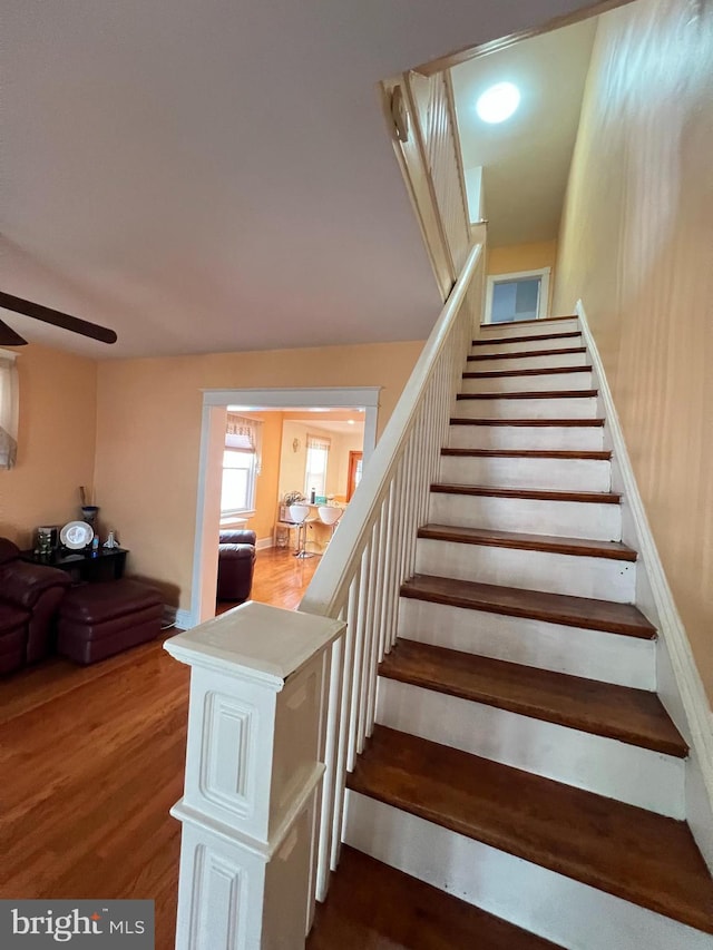 7033 Gillespie St, Philadelphia, PA 19135 - staircase featuring a ceiling fan and wood finished floors