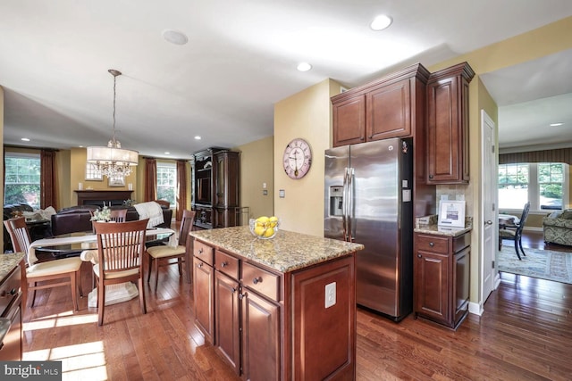 1901 Eamons Way, Annapolis, MD 21401 - kitchen featuring stainless steel fridge with ice dispenser, dark wood finished floors, a chandelier, open floor plan, and recessed lighting