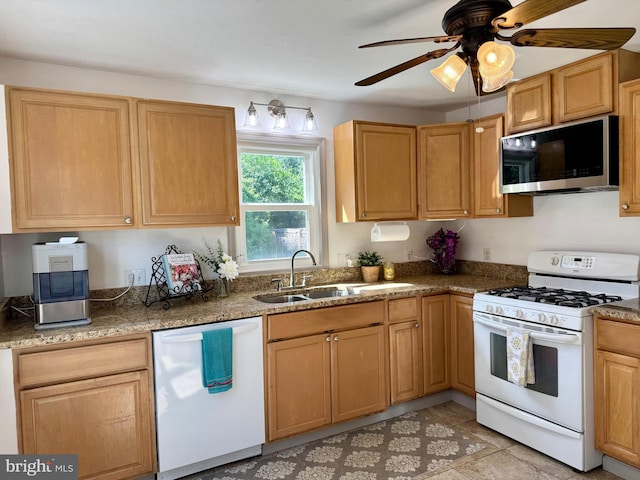 407 Pratt St, Fredericksburg, VA 22405 - kitchen featuring white appliances, a ceiling fan, and stone counters