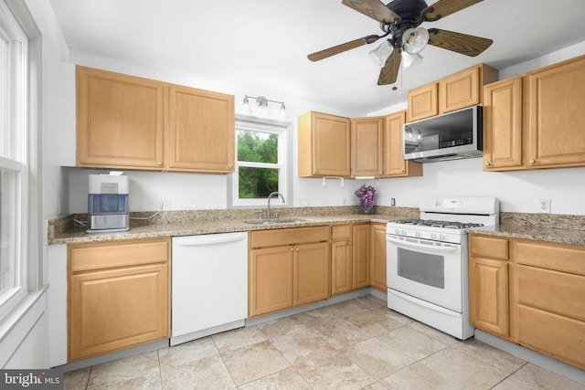 407 Pratt St, Fredericksburg, VA 22405 - kitchen with white appliances, ceiling fan, and light stone countertops