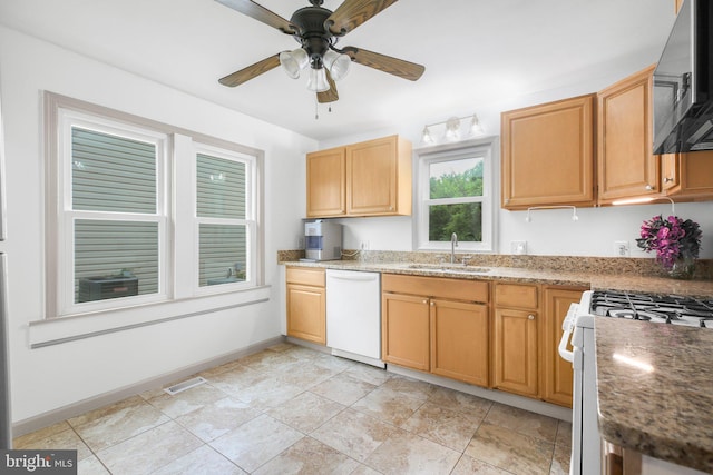 407 Pratt St, Fredericksburg, VA 22405 - kitchen with white appliances, ceiling fan, and light stone counters