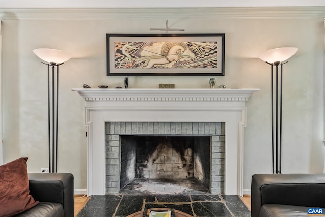 2402 Bennington Rd, Charlottesville, VA 22901 - detailed view of a fireplace, crown molding, and wood finished floors