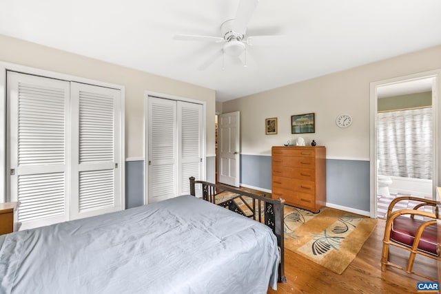 2402 Bennington Rd, Charlottesville, VA 22901 - bedroom featuring multiple closets, light wood finished floors, a ceiling fan, and connected bathroom