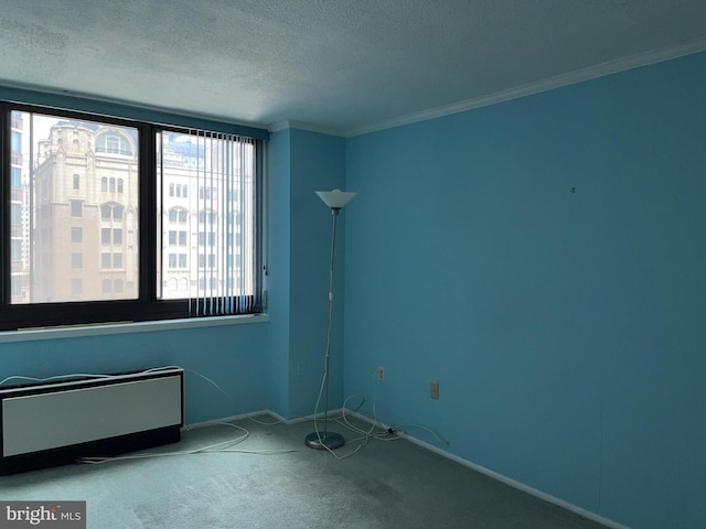 1420 Locust St Unit 20Q, Philadelphia, PA 19102 - spare room with carpet, a textured ceiling, crown molding, and radiator heating unit