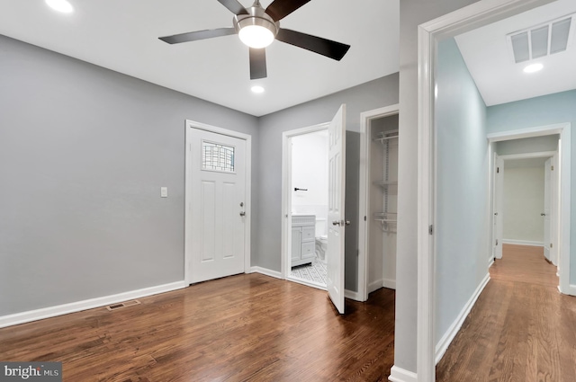 1133 46th St SE, Washington, DC 20019 - foyer entrance with dark wood-style floors, a ceiling fan, and recessed lighting