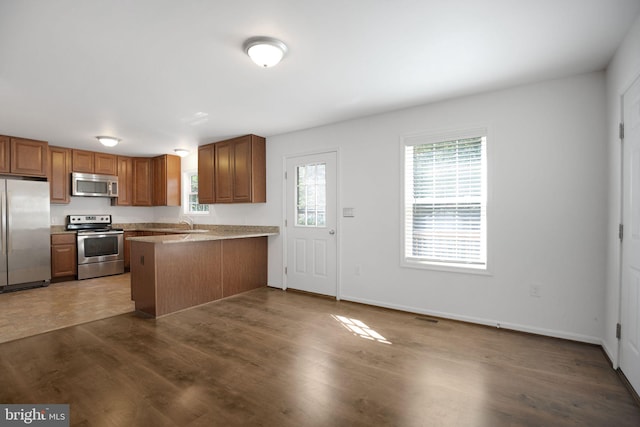 40534 Miss Ettas Way, Leonardtown, MD 20650 - kitchen featuring appliances with stainless steel finishes, plenty of natural light, a peninsula, and wood finished floors