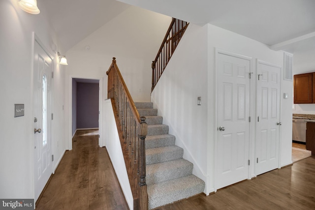 40534 Miss Ettas Way, Leonardtown, MD 20650 - stairway featuring wood finished floors and vaulted ceiling