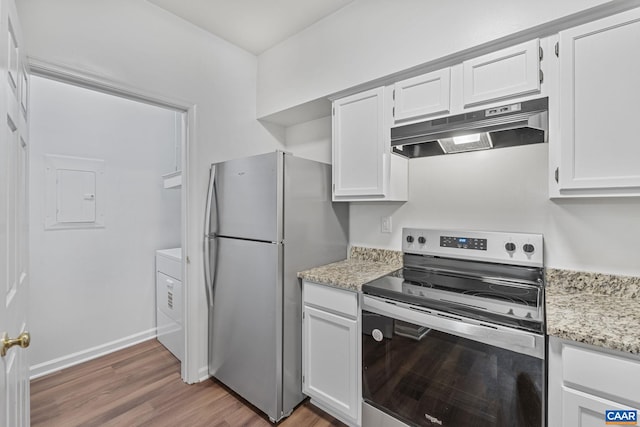 945 Dorchester Pl Unit 306, Charlottesville, VA 22911 - kitchen with stainless steel appliances, under cabinet range hood, electric panel, wood finished floors, and washer / clothes dryer