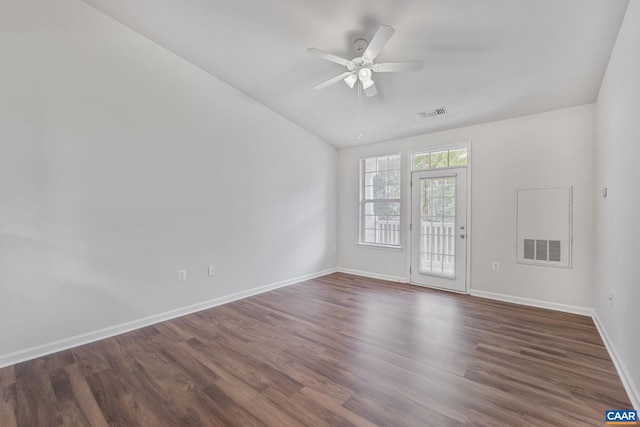 945 Dorchester Pl Unit 306, Charlottesville, VA 22911 - spare room featuring lofted ceiling, a ceiling fan, and dark wood-style flooring