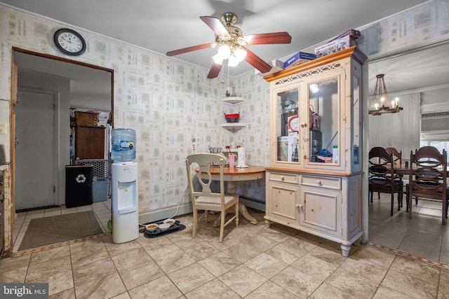 65 Silverspruce Rd, Levittown, PA 19056 - office space with wallpapered walls, a ceiling fan, a chandelier, crown molding, and light tile patterned floors