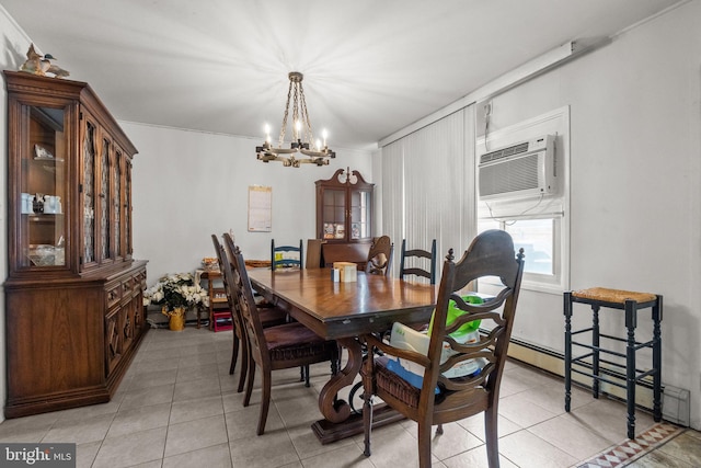65 Silverspruce Rd, Levittown, PA 19056 - dining space with light tile patterned floors, a chandelier, an AC wall unit, and a baseboard heating unit