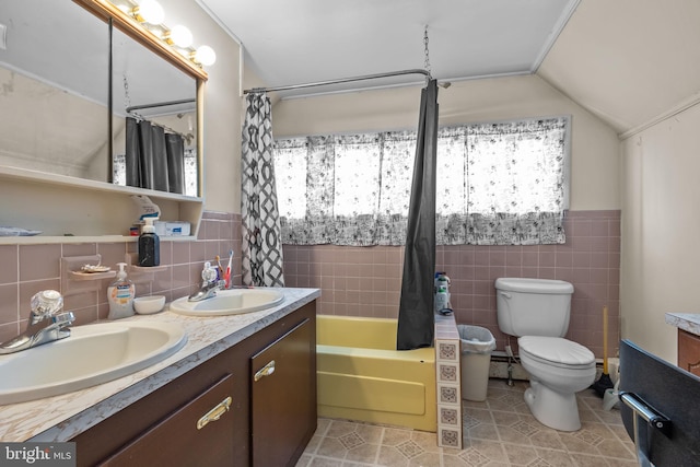65 Silverspruce Rd, Levittown, PA 19056 - full bathroom featuring tile walls, plenty of natural light, double vanity, shower / bathtub combination with curtain, and tile patterned flooring