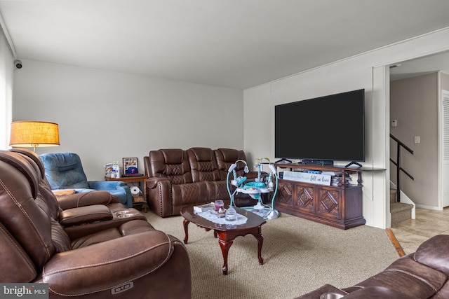 65 Silverspruce Rd, Levittown, PA 19056 - carpeted living area featuring stairway