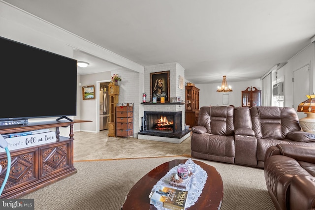 65 Silverspruce Rd, Levittown, PA 19056 - carpeted living room with a chandelier, a fireplace, and a wall mounted air conditioner