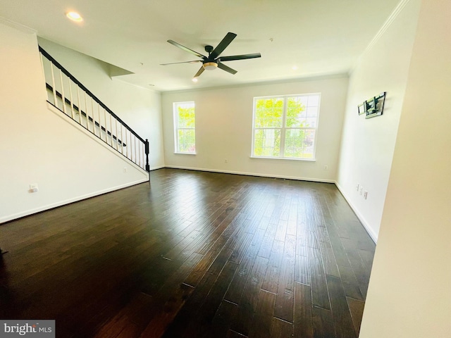 7120 Beaumont Pl, Hanover, MD 21076 - unfurnished living room featuring ceiling fan, stairway, dark wood-style flooring, recessed lighting, and crown molding
