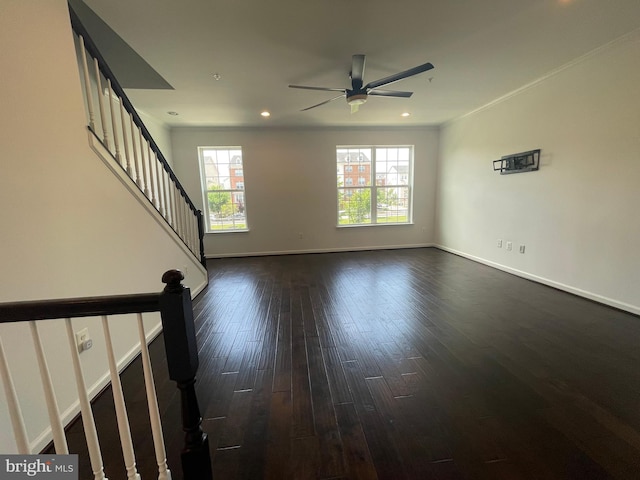 7120 Beaumont Pl, Hanover, MD 21076 - unfurnished living room with a ceiling fan, dark wood finished floors, stairway, recessed lighting, and crown molding