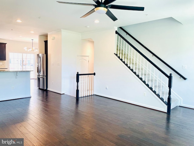 7120 Beaumont Pl, Hanover, MD 21076 - unfurnished living room featuring a chandelier, a ceiling fan, dark wood-type flooring, recessed lighting, and stairway