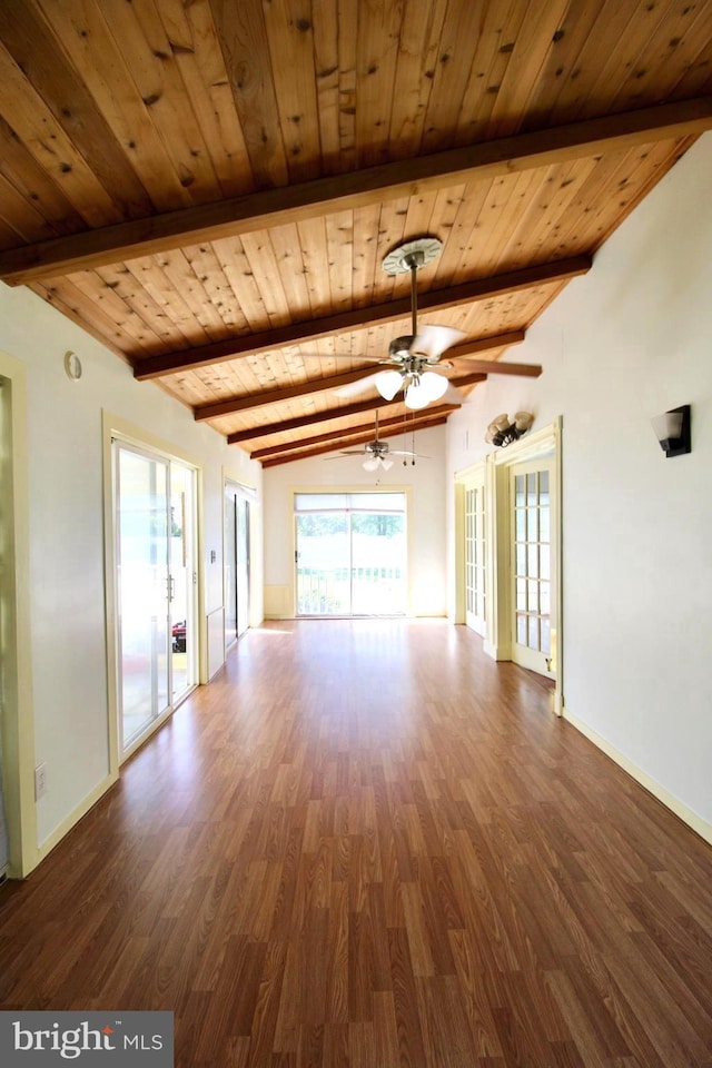 6535 Gravel Branch Rd, Hurlock, MD 21643 - unfurnished living room featuring dark wood-type flooring, wooden ceiling, and a ceiling fan
