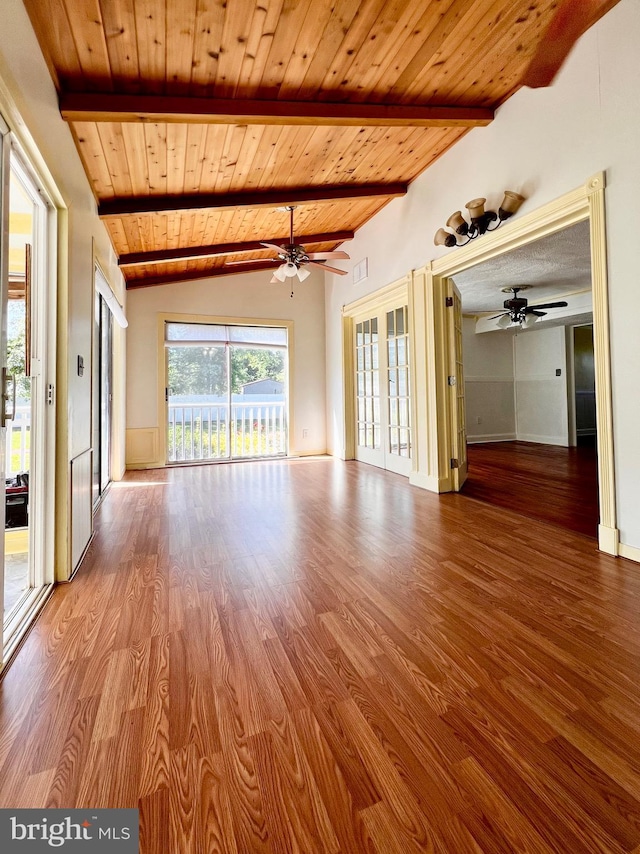 6535 Gravel Branch Rd, Hurlock, MD 21643 - unfurnished living room featuring a ceiling fan, wood finished floors, and wooden ceiling