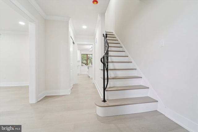 932 Cropwell Rd, Cherry Hill, NJ 08003 - stairs with ornamental molding, wood finished floors, and recessed lighting