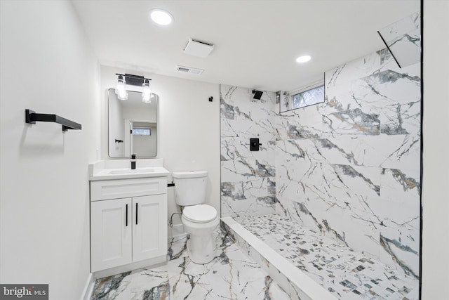 932 Cropwell Rd, Cherry Hill, NJ 08003 - full bathroom with vanity, a marble finish shower, marble finish floors, and recessed lighting