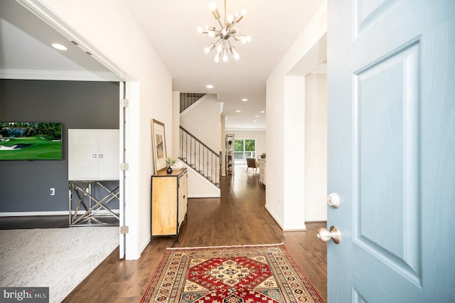 106 Pear Blossom Rd, Stafford, VA 22554 - entryway with a chandelier, wood finished floors, stairway, ornamental molding, and recessed lighting