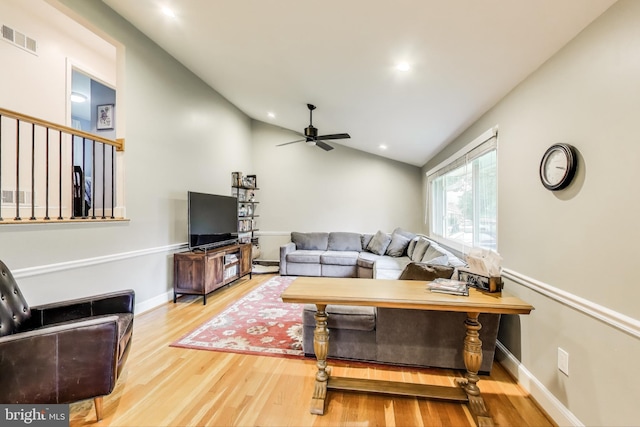 13000 Daley St, Silver Spring, MD 20906 - living area featuring a ceiling fan, wood finished floors, vaulted ceiling, and recessed lighting