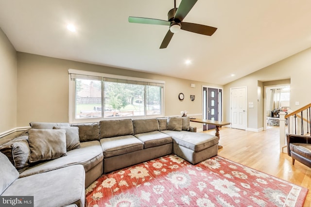 13000 Daley St, Silver Spring, MD 20906 - living room featuring light wood-type flooring, ceiling fan, vaulted ceiling, stairway, and recessed lighting