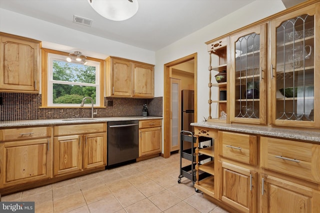 4133 Dana Ln, Lafayette Hill, PA 19444 - kitchen featuring appliances with stainless steel finishes, backsplash, light tile patterned flooring, glass insert cabinets, and open shelves