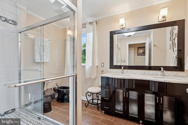 4133 Dana Ln, Lafayette Hill, PA 19444 - full bath featuring crown molding, a shower stall, double vanity, a bidet, and wood tiled floors