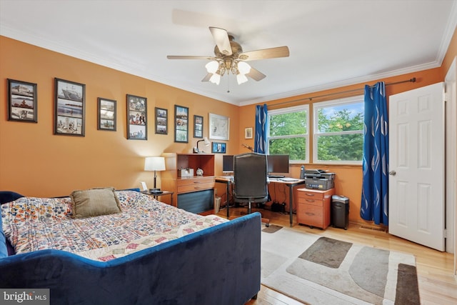 4133 Dana Ln, Lafayette Hill, PA 19444 - bedroom with light wood-style flooring, crown molding, a desk, and a ceiling fan