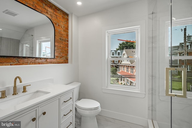 221 Ford St, Conshohocken, PA 19428 - full bath featuring an enclosed shower, vanity, marble finish flooring, and recessed lighting