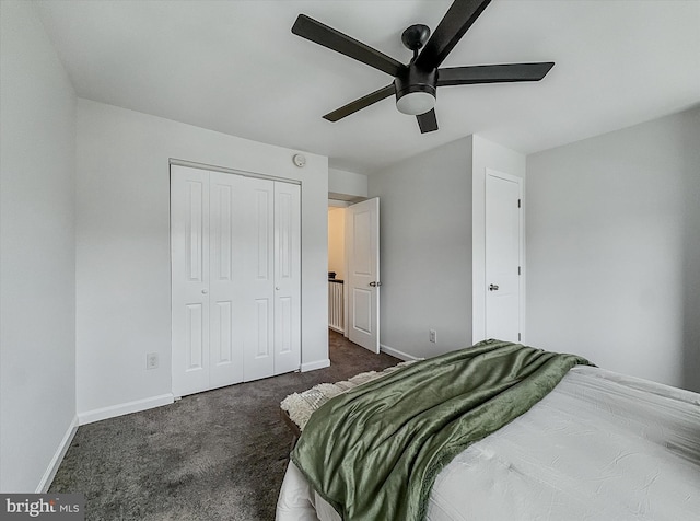 3922 Woodridge Rd, Baltimore, MD 21229 - bedroom with dark colored carpet, a closet, and ceiling fan