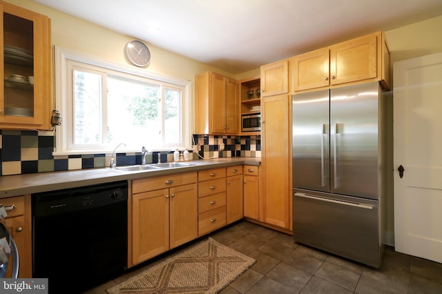1203 Old Boalsburg Rd, State College, PA 16801 - kitchen featuring stainless steel appliances, light brown cabinetry, tasteful backsplash, dark tile patterned flooring, and open shelves