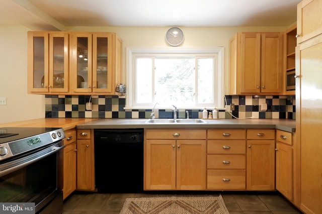 1203 Old Boalsburg Rd, State College, PA 16801 - kitchen featuring dishwasher, stainless steel electric range oven, backsplash, and dark tile patterned floors