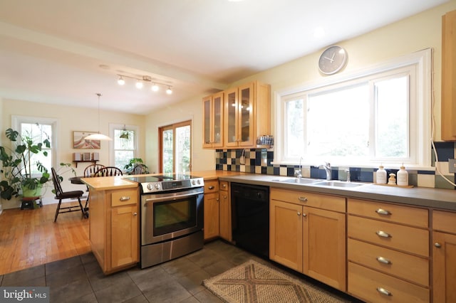 1203 Old Boalsburg Rd, State College, PA 16801 - kitchen with black dishwasher, stainless steel electric stove, a peninsula, glass insert cabinets, and pendant lighting