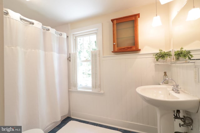 1203 Old Boalsburg Rd, State College, PA 16801 - bathroom with tile patterned floors, wainscoting, and a shower with curtain