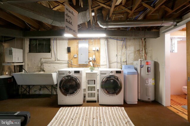 1203 Old Boalsburg Rd, State College, PA 16801 - laundry area featuring water heater, washer and dryer, and electric panel