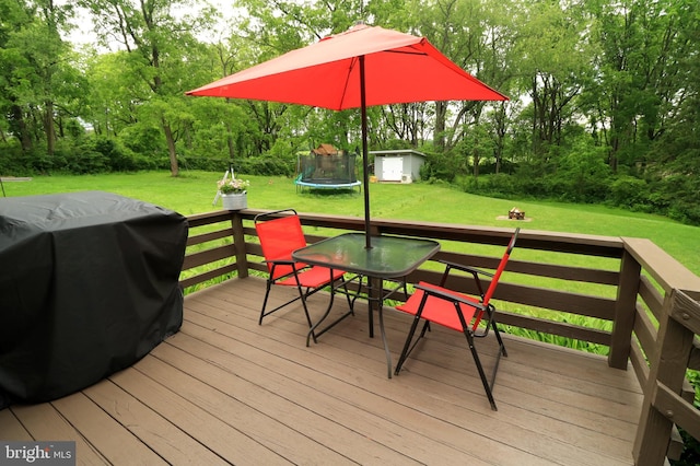 1239 Circleville Rd, State College, PA 16803 - deck with a shed, a trampoline, area for grilling, a lawn, and outdoor dining space