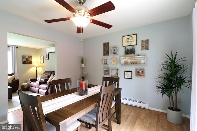 1239 Circleville Rd, State College, PA 16803 - dining space featuring a baseboard radiator, a wall unit AC, light wood-style floors, and a ceiling fan