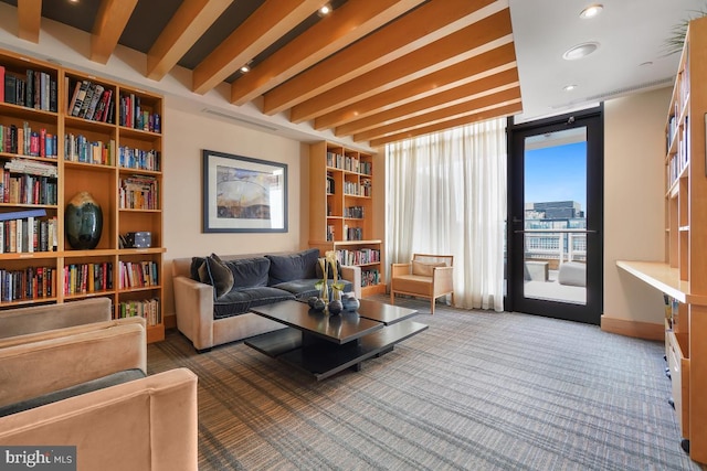 475 K St NW Unit 522, Washington, DC 20001 - carpeted living area with beamed ceiling and recessed lighting