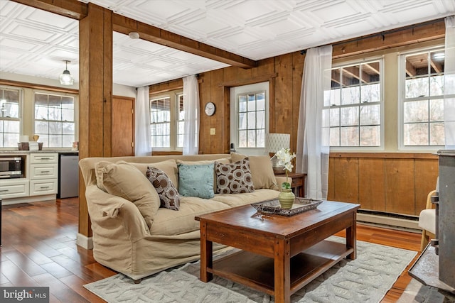 2 Forest Trl, Fairfield, PA 17320 - living room with a baseboard radiator, an ornate ceiling, wooden walls, and dark wood-style flooring