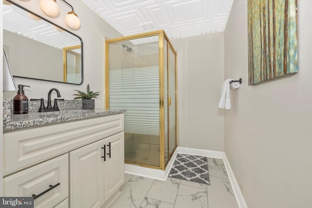 2 Forest Trl, Fairfield, PA 17320 - full bath featuring marble look tile flooring, vanity, and a stall shower