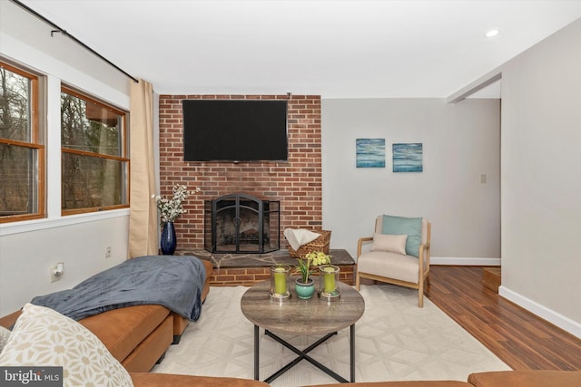 2 Forest Trl, Fairfield, PA 17320 - living room with wood finished floors, a brick fireplace, and recessed lighting
